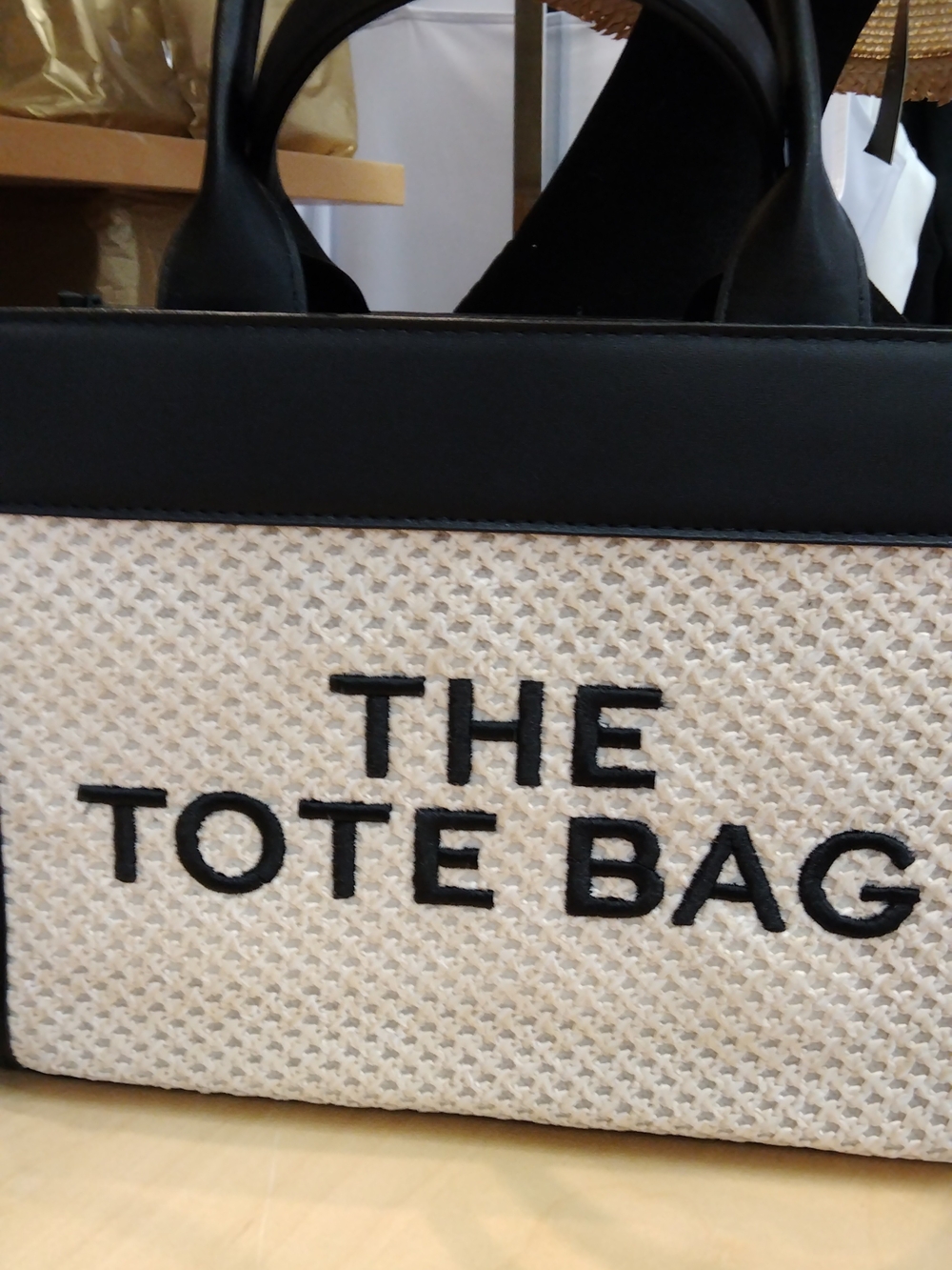 Embroidered 'THE TOTE BAG' Straw Tote with Black Trim Small Size